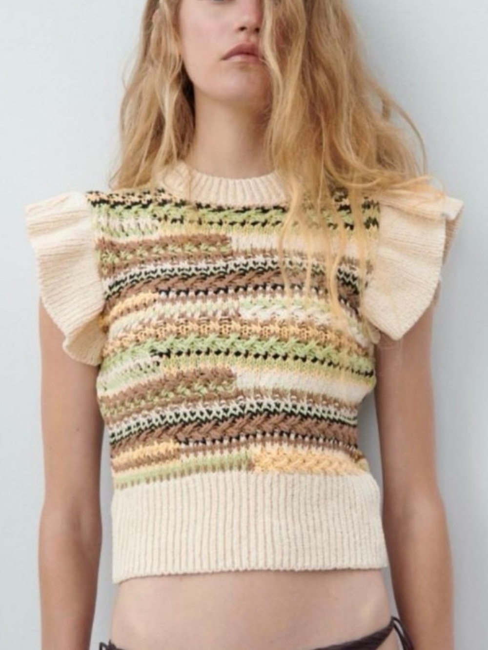 Zara Flutter Sleeve Knit Sweater Vest Striped Cottagecore Fall Small